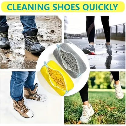 Yellow shoe washing bag with fluffy interior and scrub pad insert for sneakers