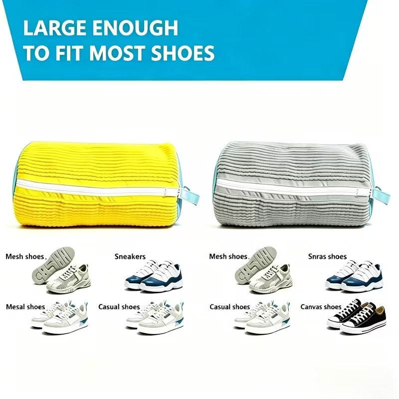 Reusable shoe washing bags, yellow and gray zippered outer with fluffy interior