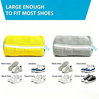 Reusable shoe washing bags, yellow and gray zippered outer with fluffy interior