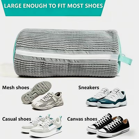 Gray shoe washing laundry bag with zipper, striped mesh fabric, fluffy interior