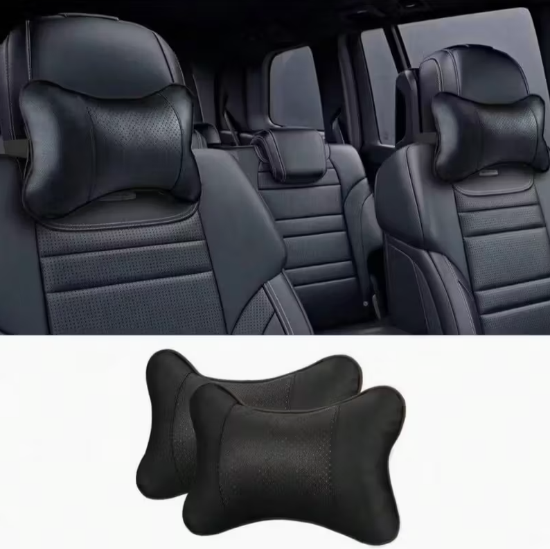Black contoured neck pillow for car headrest, shown on front seats and rear seats