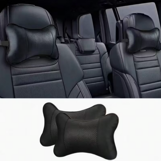 Black contoured neck pillow for car headrest, shown on front seats and rear seats