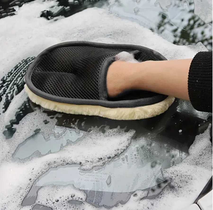Dark microfiber wash mitt with plush cream cuff and textured mesh palm pocket
