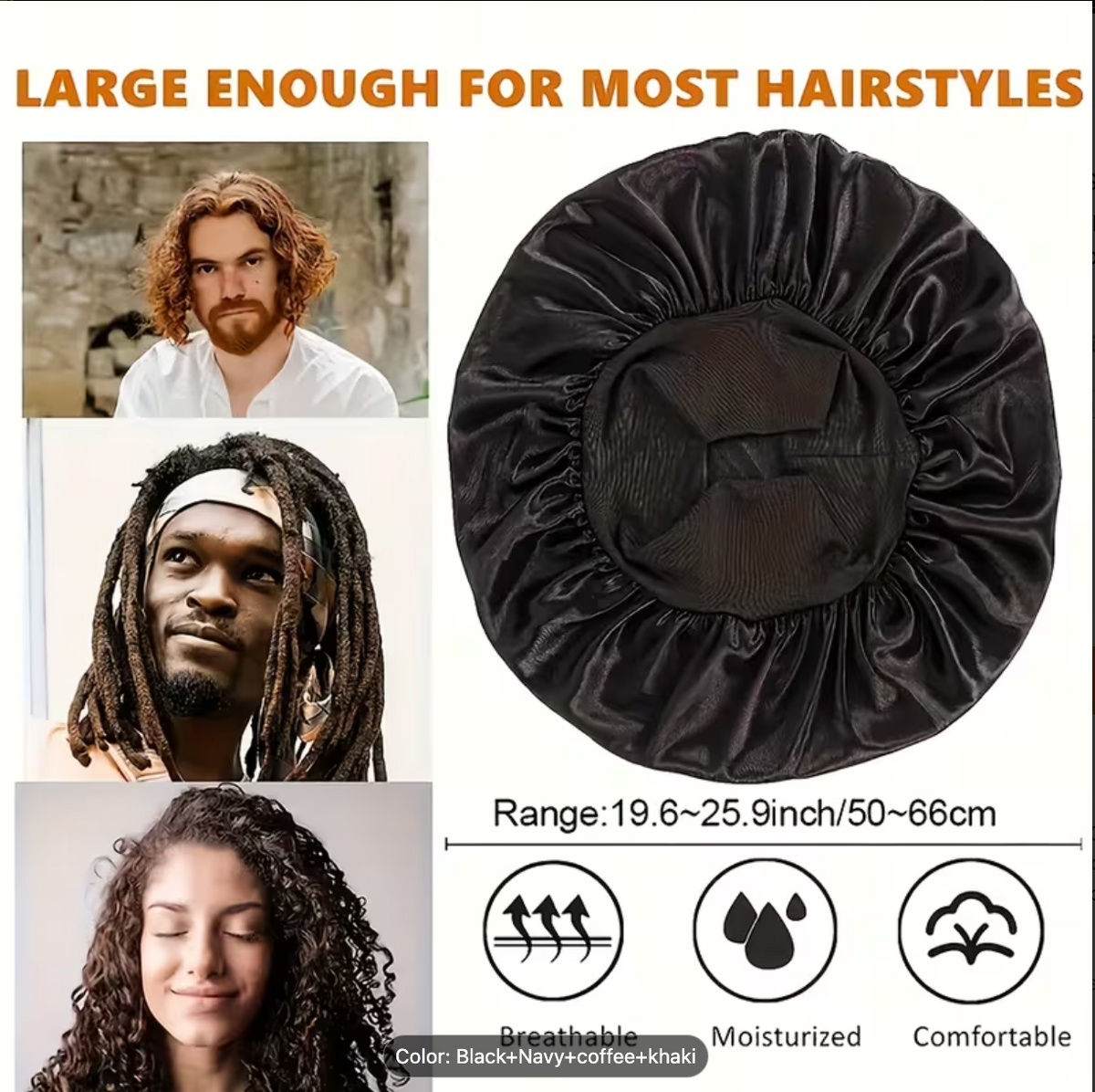 Black satin-lined knit sleep cap shown from top with gathered crown and elastic center