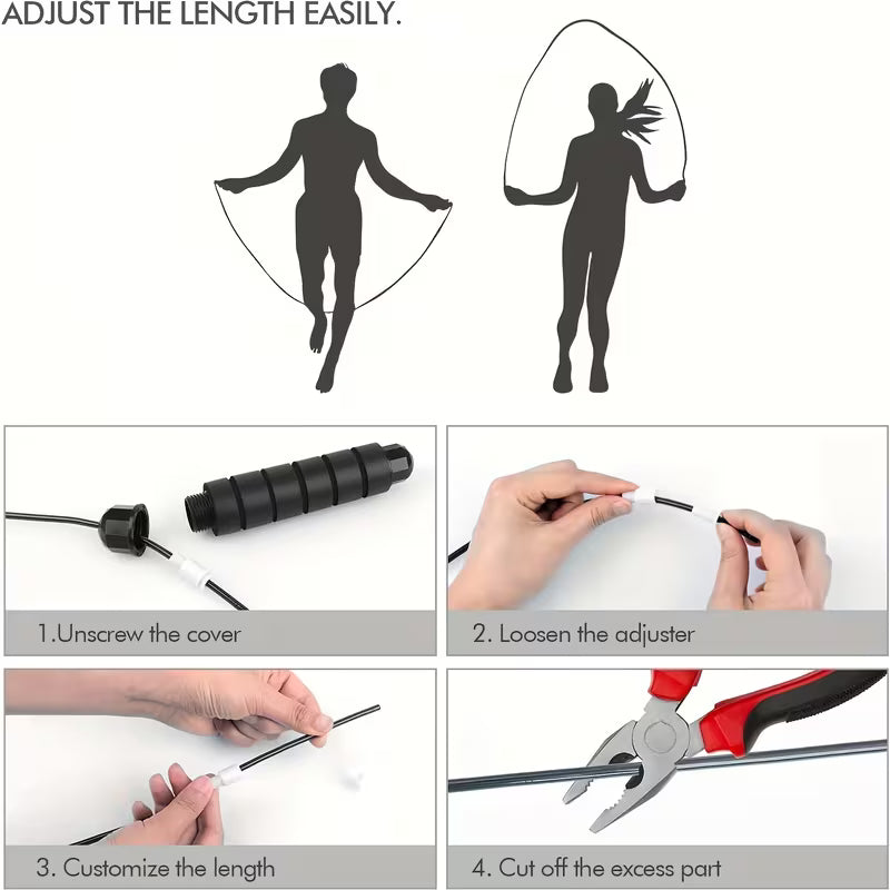 Adjustable jump rope with black handles and length adjuster for customizing cable