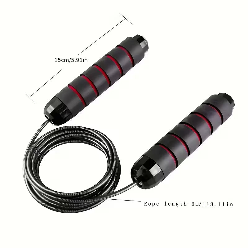 Jump rope with two black handles, red grip rings, and braided cable