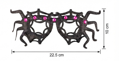 Black spider web glasses with pink gem accents and dangling spider shapes