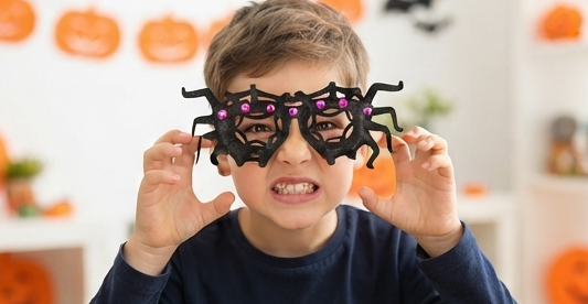 Spider web glasses for kids, black frame with pink gem details and spider legs