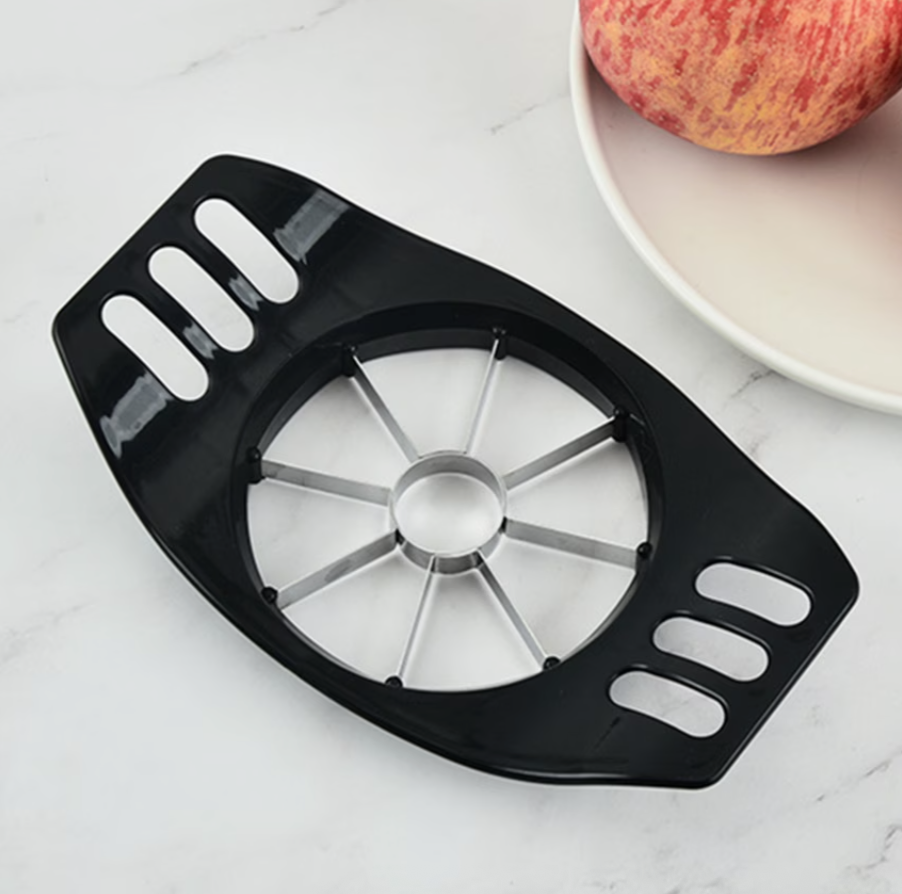 Black manual apple corer slicer with stainless steel blade wheel and grip handles