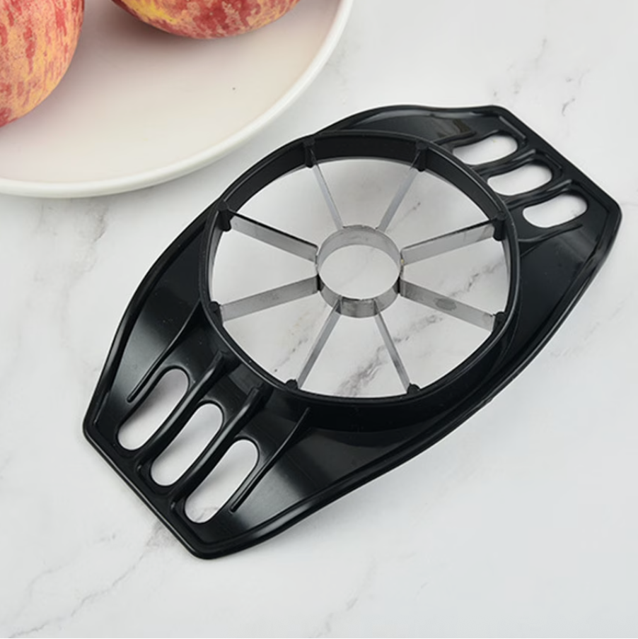 Black apple corer slicer tray with stainless steel radial cutting blades and handle