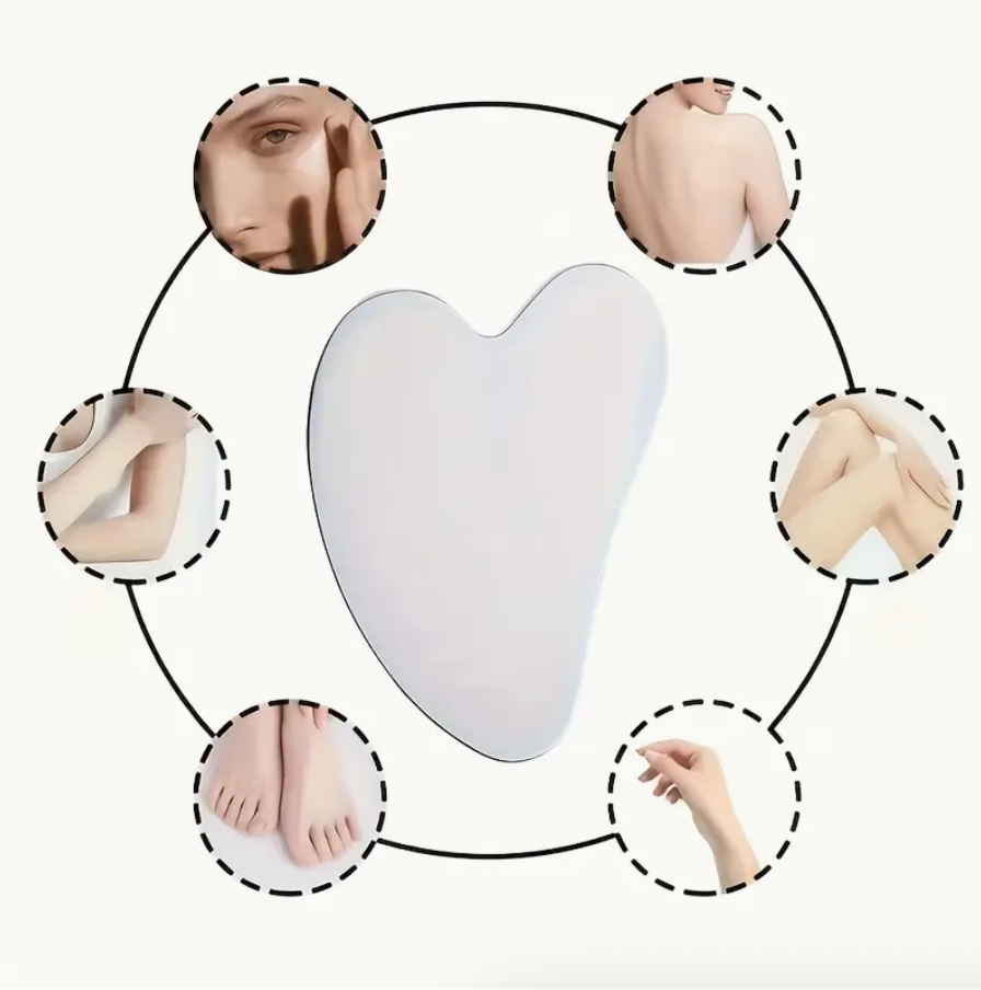 Stainless steel gua sha tool with face-outline usage guide and small application circles