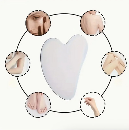 Stainless steel gua sha tool with face-outline usage guide and small application circles