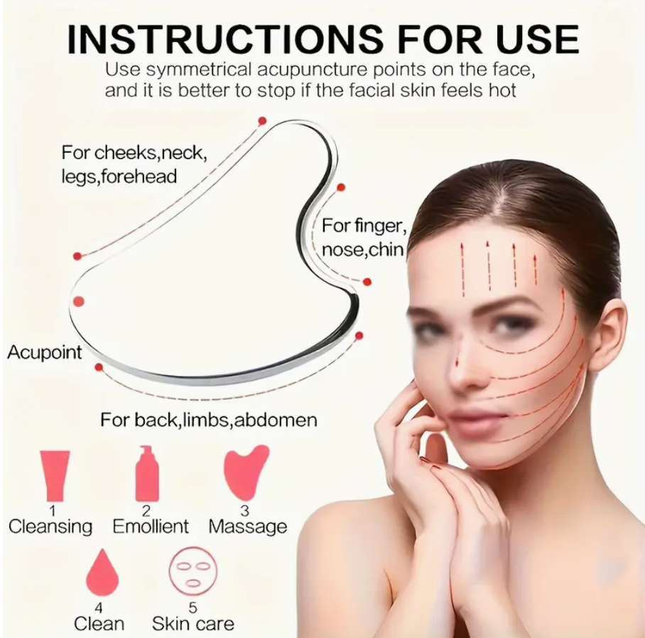 Stainless steel gua sha facial massager instructions with acupoint guide on face