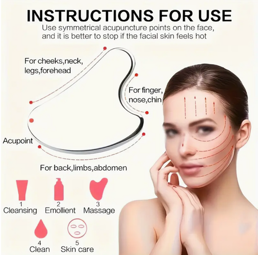 Stainless steel gua sha facial massager instructions with acupoint guide on face