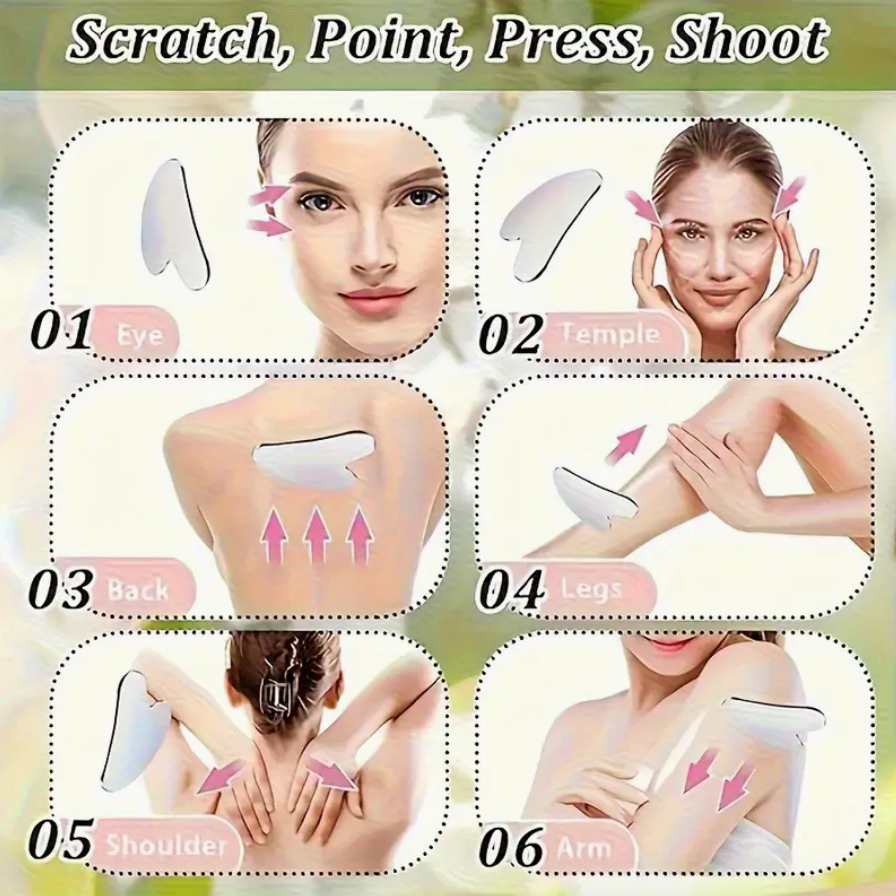 Stainless steel facial gua sha and blackhead remover set, shown for face massage points