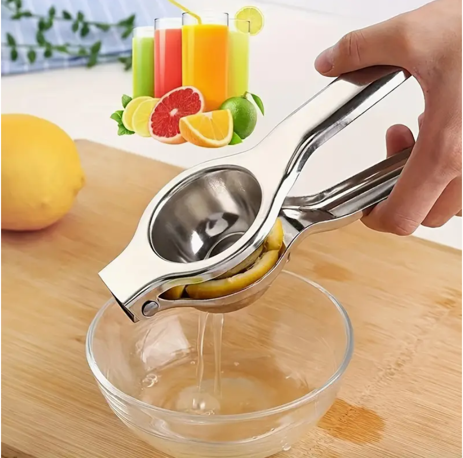 Stainless steel citrus hand juicer over glass bowl, pressing lemon halves