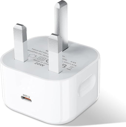 20W USB-C fast wall charger with UK plug, white compact adapter