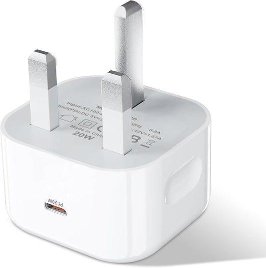 20W USB-C fast wall charger with UK plug, white compact adapter