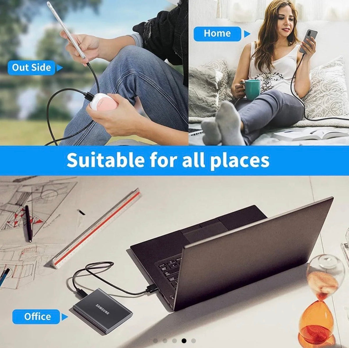 USB-C to USB-C charging cable plugged into a phone and device with cord