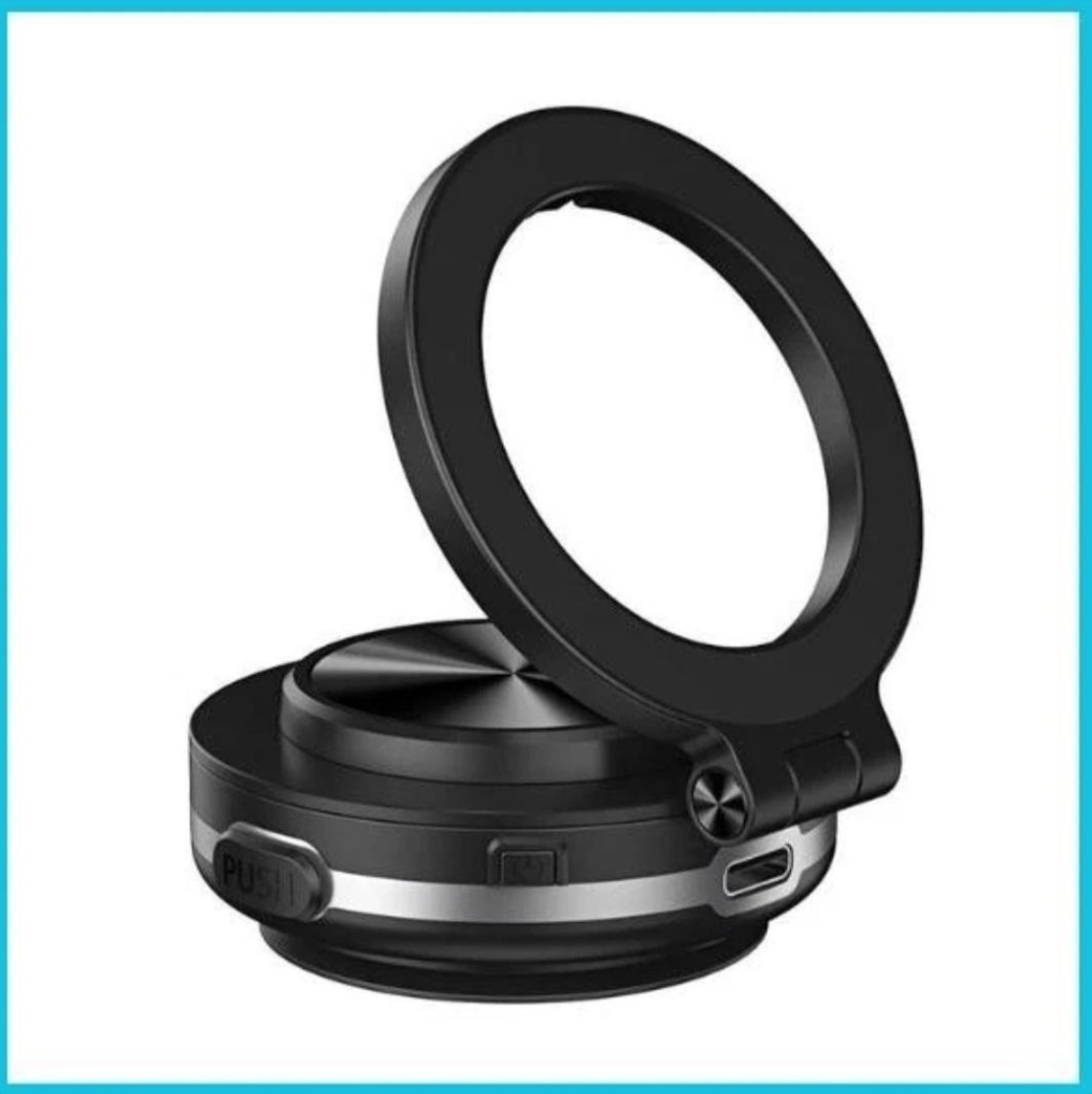 Black circular magnetic phone mount with spring clamp base, compact foldable design