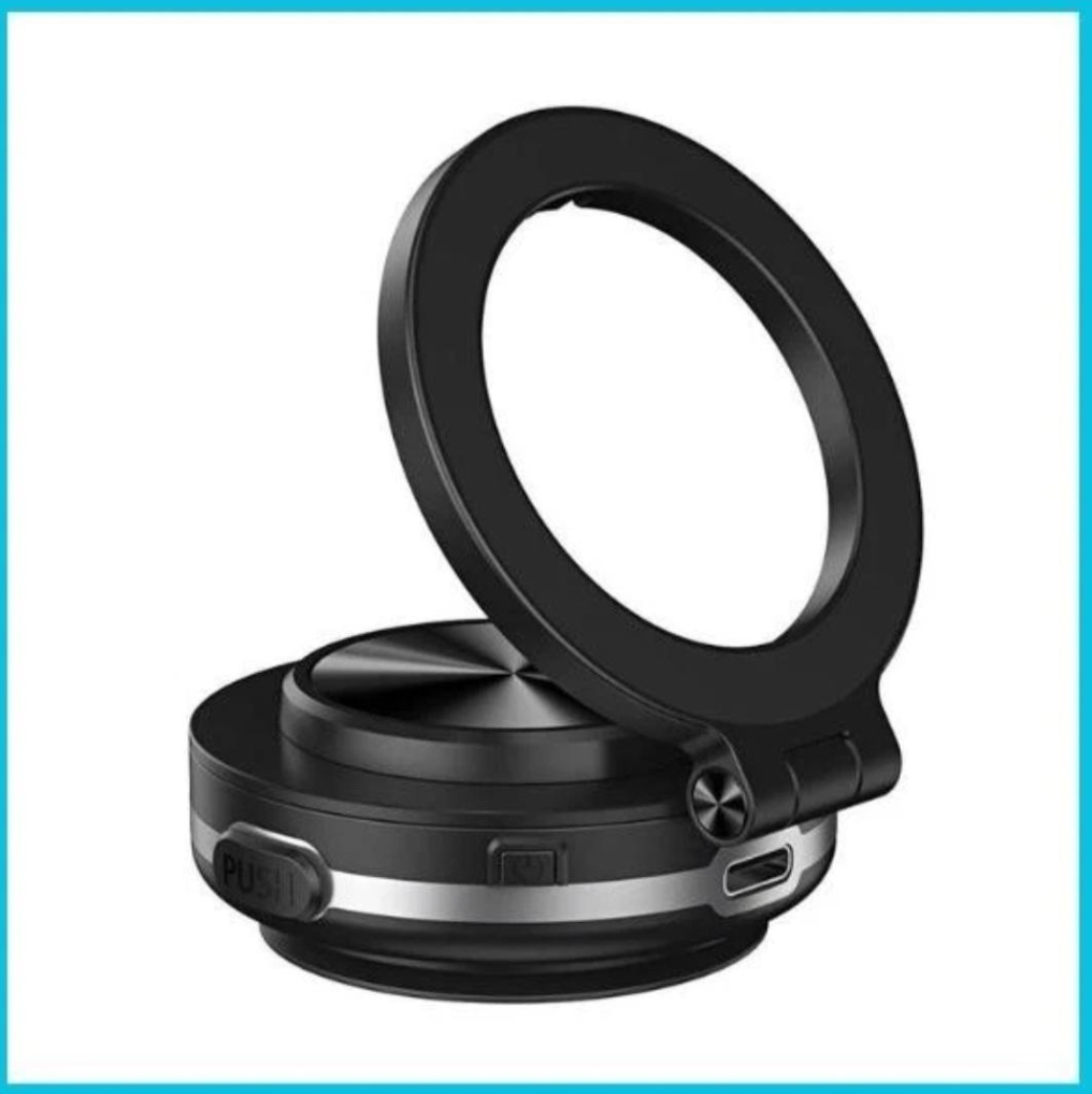 Black circular magnetic phone mount with spring clamp base, compact foldable design