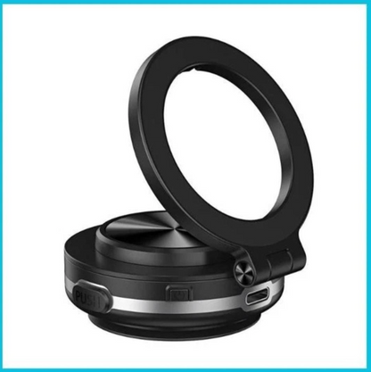 Black circular magnetic phone mount with spring clamp base, compact foldable design