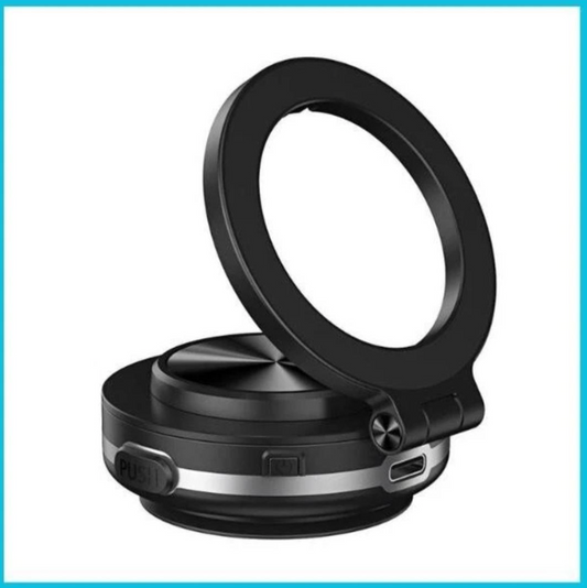 Black circular magnetic phone mount with spring clamp base, compact foldable design