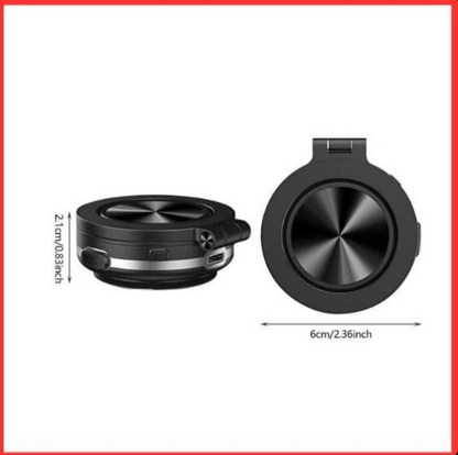 Black universal magnetic phone mount with foldable circular base and clip bracket