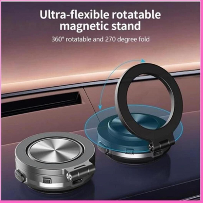 360° rotatable magnetic phone stand with circular ring mount and foldable arm, black