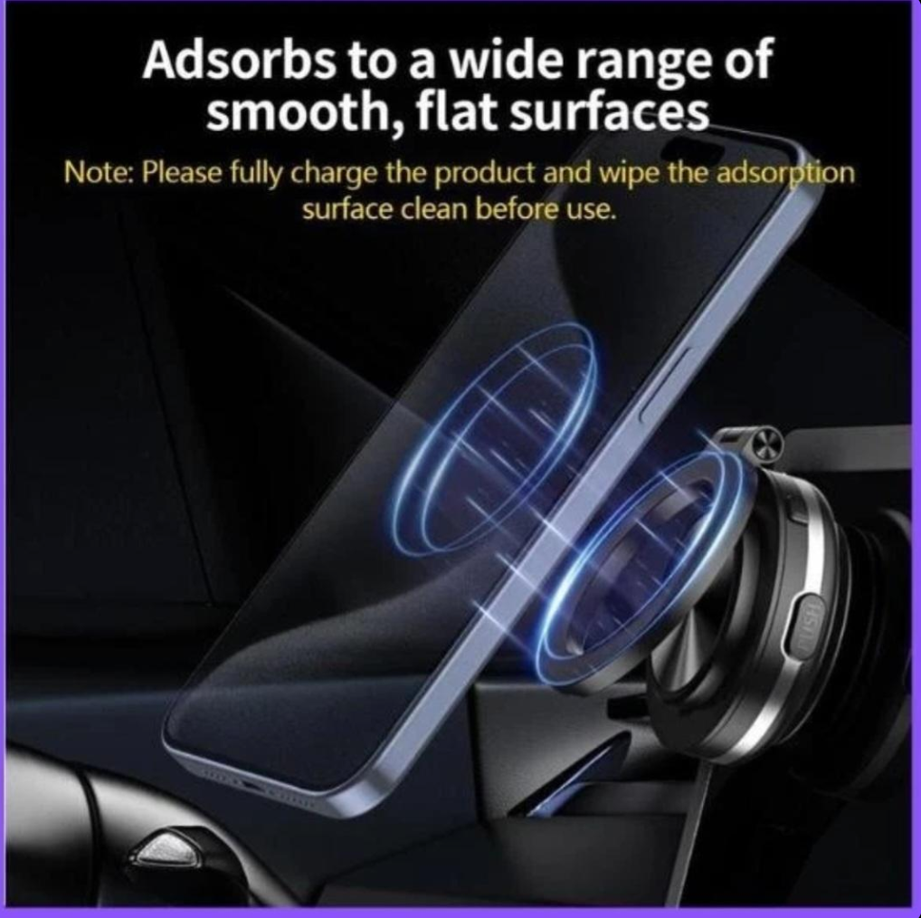 Universal magnetic phone mount with round base and adjustable arm, black and silver