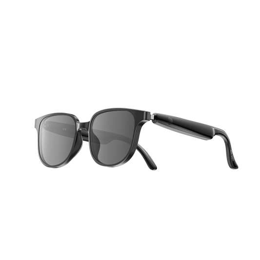 Black open-ear Bluetooth audio sunglasses with aviator frames and long metal arms