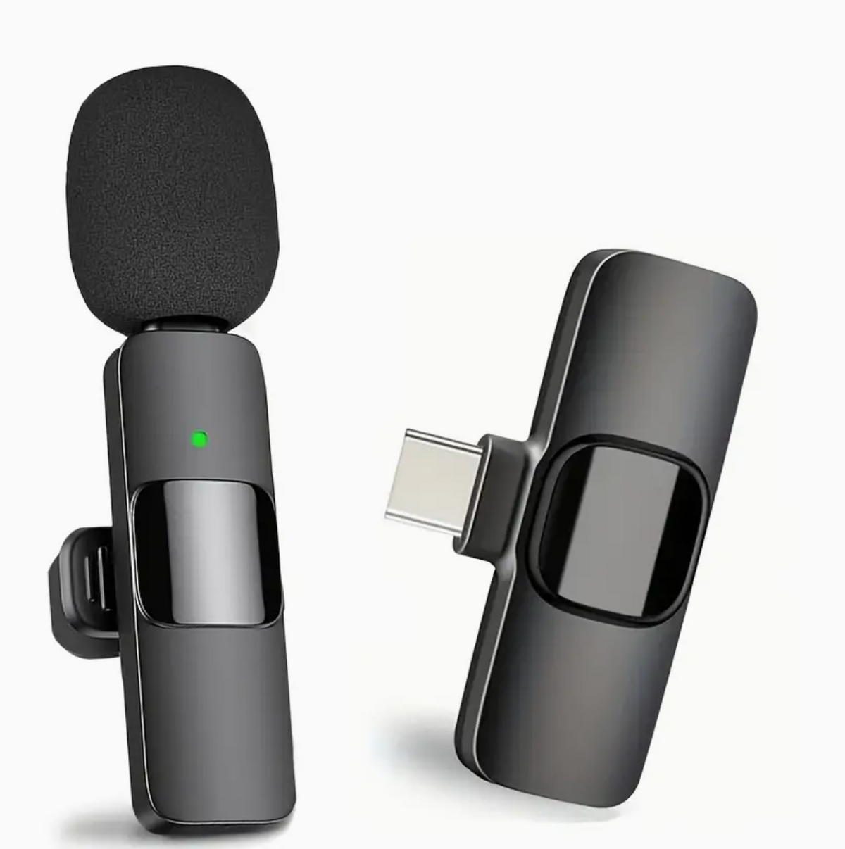 Black wireless clip-on microphone with foam windscreen and detachable holder