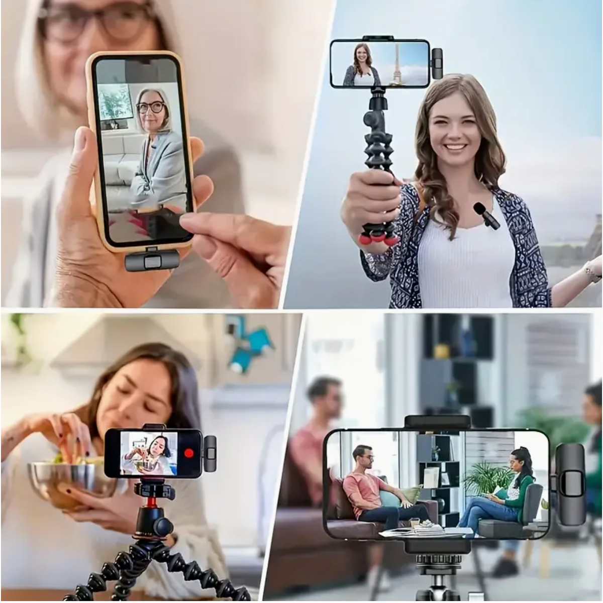 Wireless USB-C clip-on microphone with smartphone video and tabletop tripod use