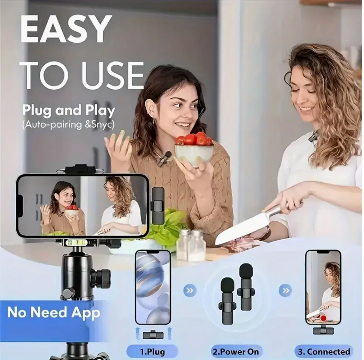 Wireless clip-on microphone kit with smartphone display and tripod mount