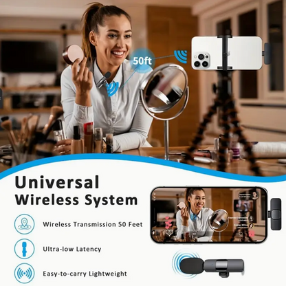Wireless clip-on microphone with compact receiver and range indicator, shown in use