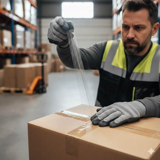 Wide clear packaging tape being applied to a cardboard box by gloved hands