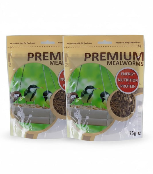 Two Premium Mealworms dried mealworm packs in sealed pouches