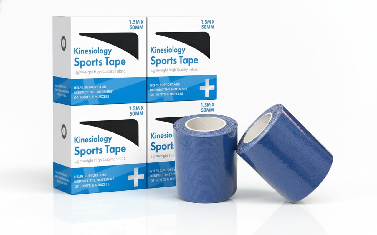 Blue kinesiology sports tape rolls, 50mm x 1.5m, in clear plastic packaging