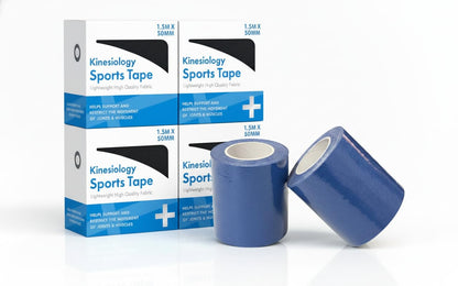 Blue kinesiology sports tape rolls, 50mm x 1.5m, in clear plastic packaging