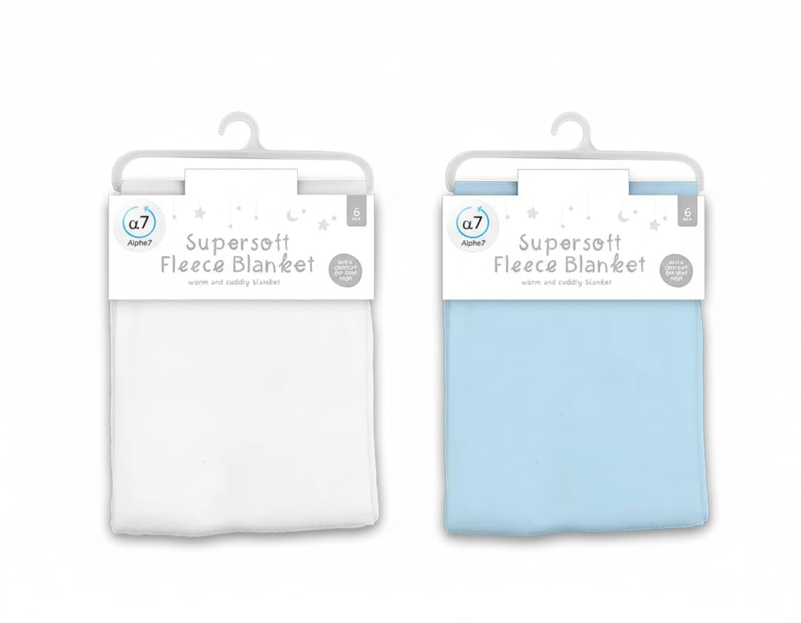 Soft fleece baby blanket, white, packaged on a hanger.