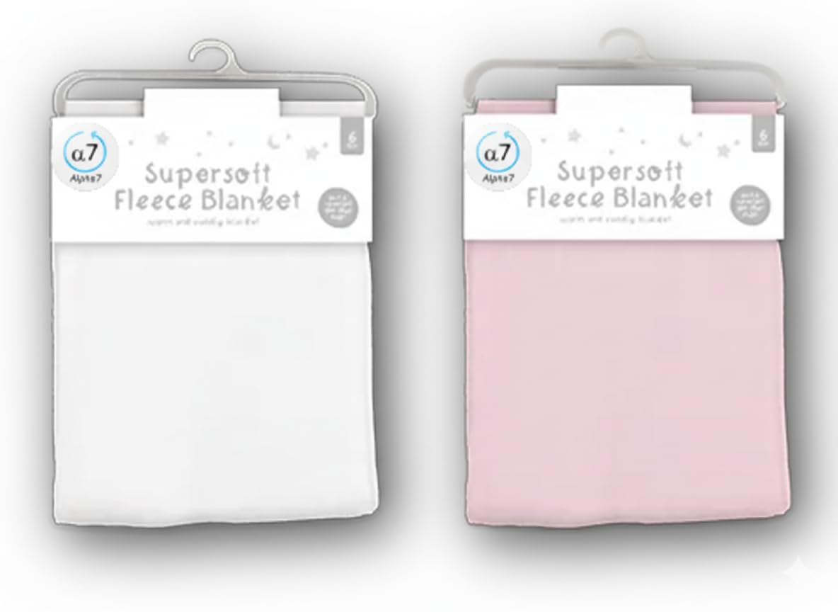 Soft fleece baby blanket in white, folded in retail package