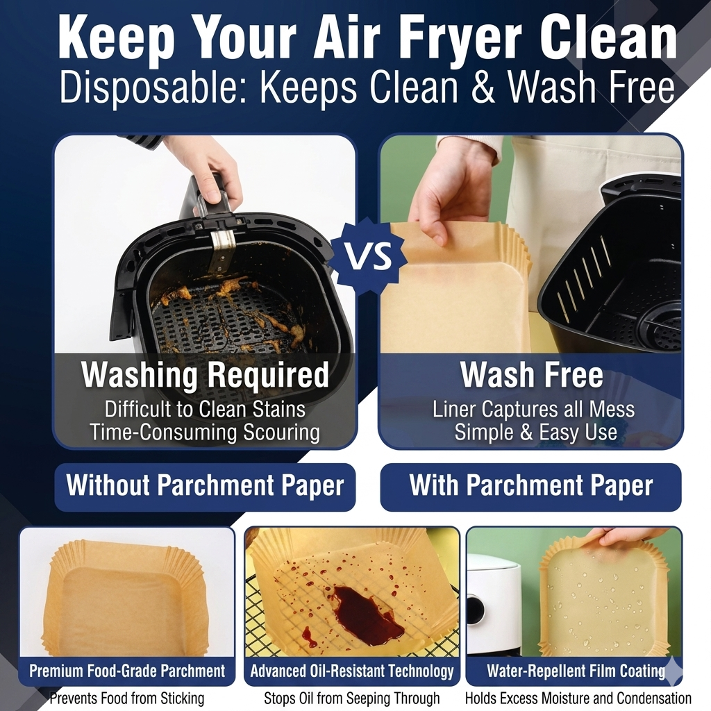 Disposable air fryer liners laid out, brown kraft paper sheets for cooking trays
