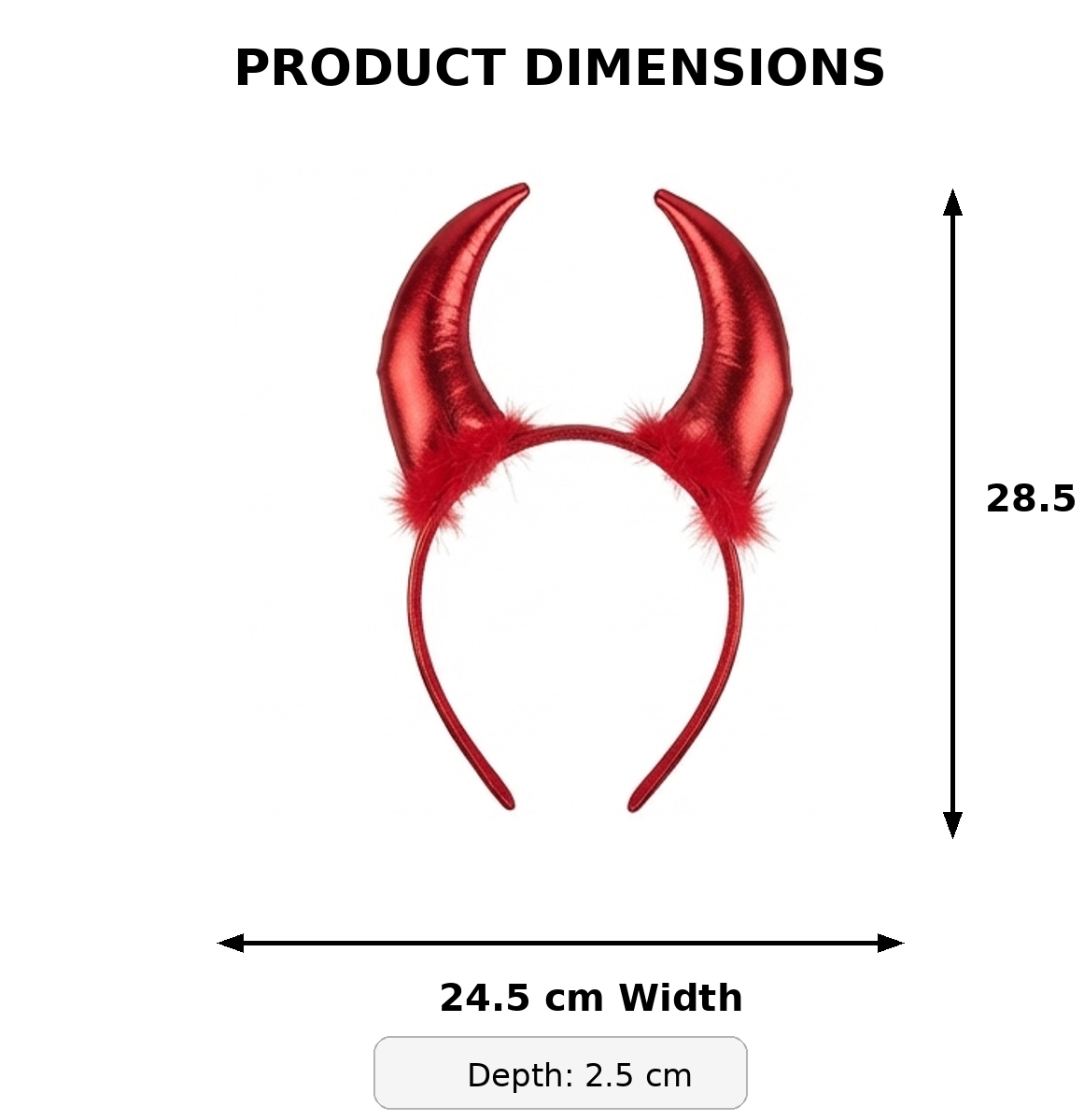 Red devil horn headband diagram with 24.5 cm width and 28.5 cm height