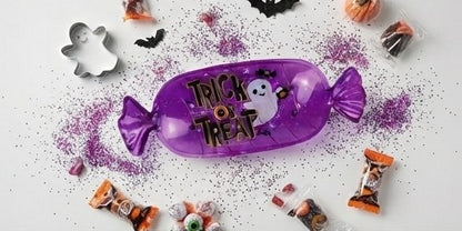 Purple fish-shaped Halloween candy serving tray with Trick or Treat ghost print