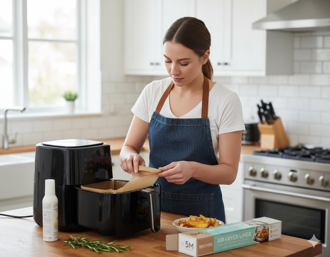 Air fryer liner parchment sheet being placed into an air fryer basket by a cook