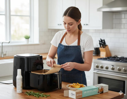 Air fryer liner parchment sheet being placed into an air fryer basket by a cook