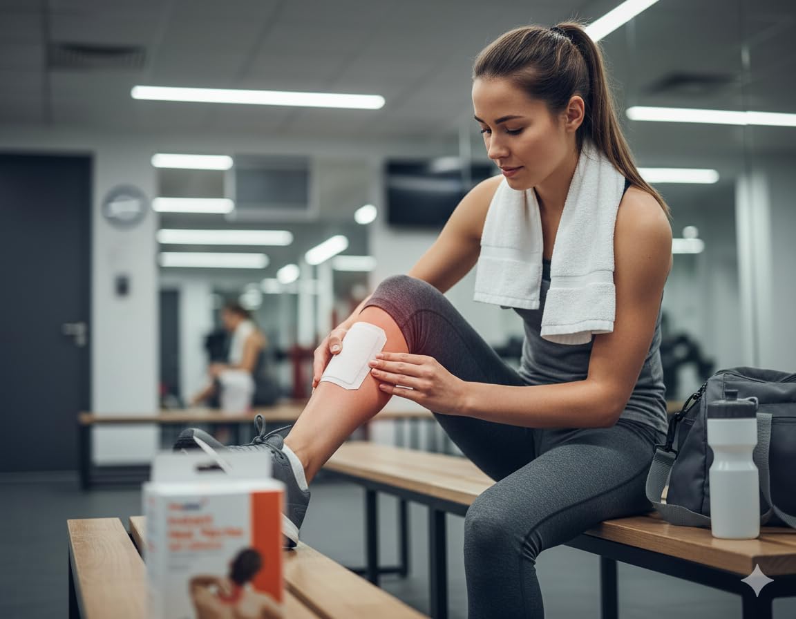 Self-adhesive instant heat knee patch applied on woman’s leg