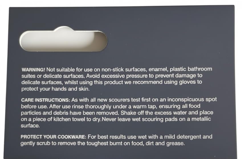 Product packaging back with warnings and care instructions for stainless steel scourers.
