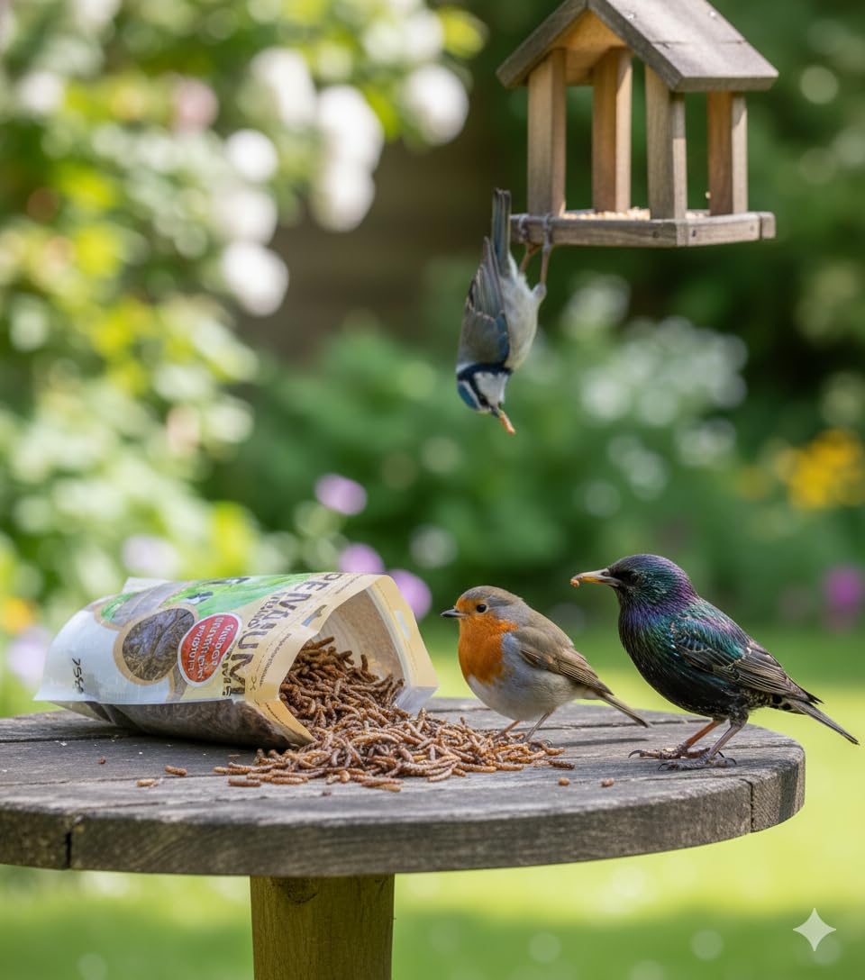 Garden birds feeding from a feeder with dried mealworms