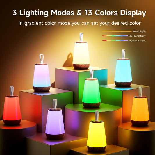 Glowing portable night light in multiple colors, white fabric shade and wood base